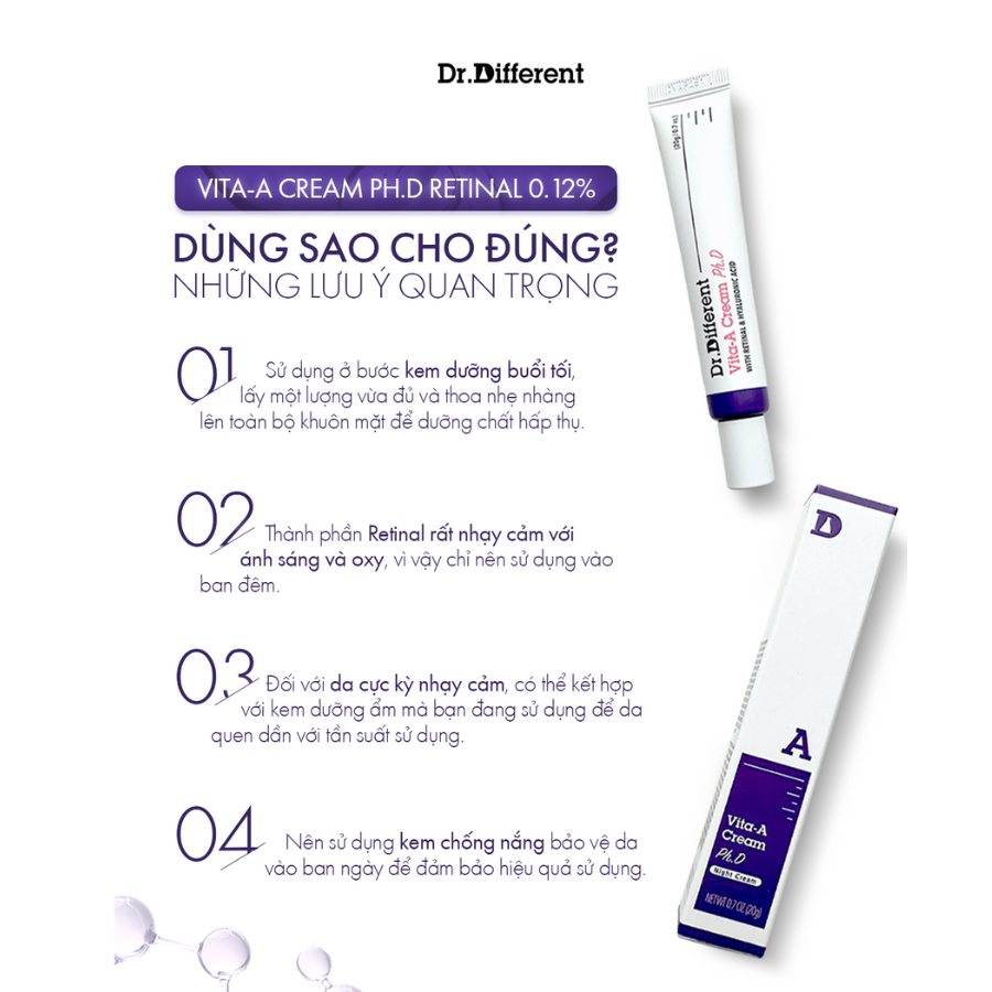 DR.DIFFERENT VITA A CREAM PH.D / KEM DƯỠNG CHỐNG LÃO HÓA, CẢI THIỆN NẾP NHĂN, GIẢM CHẠY XỆ (RETINAL 0.12%)