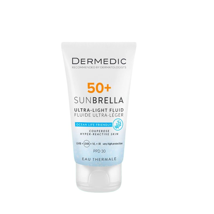DERMEDIC SUNBRELLA ULTRA-LIGHT SPF 50+ FLUID COUPEROSE AND HYPER-REACTIVE SKIN : Chống Nắng Hoàn Hảo Cho Da Nhạy Cảm & Giãn Mao Mạch