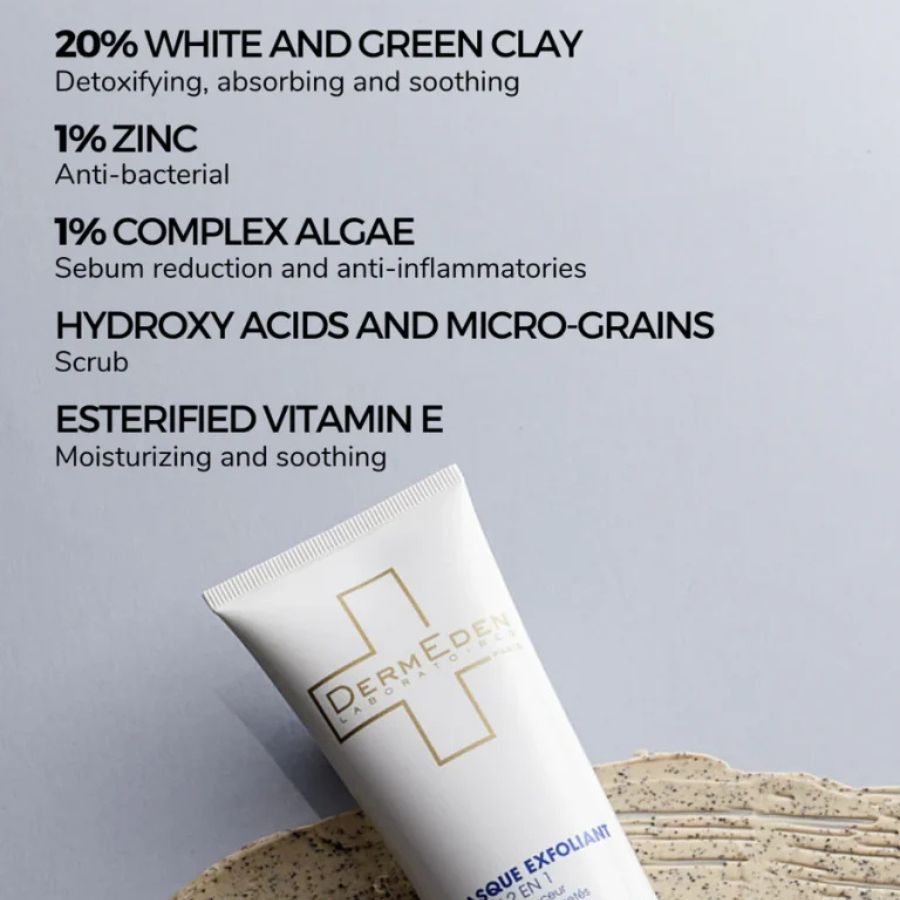 Dermeden EXFOLIATING MASK DETOX 2 IN 1: Mặt Nạ Đất Sét - Tẩy Tế Bào Chết & Thanh Lọc Da Toàn Diện