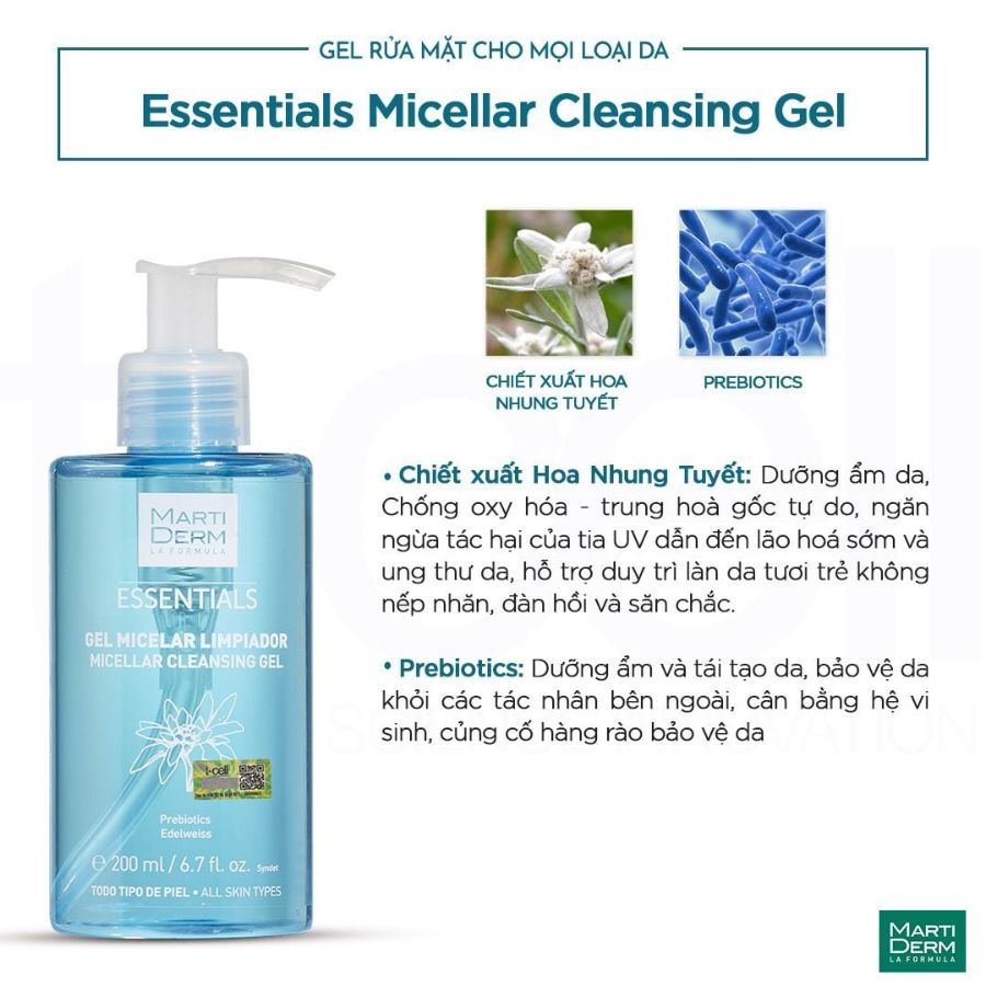 MARTIDERM ESSENTIALS MICELLAR CLEANSING GEL / GEL RỬA MẶT CHO MỌI LOẠI DA