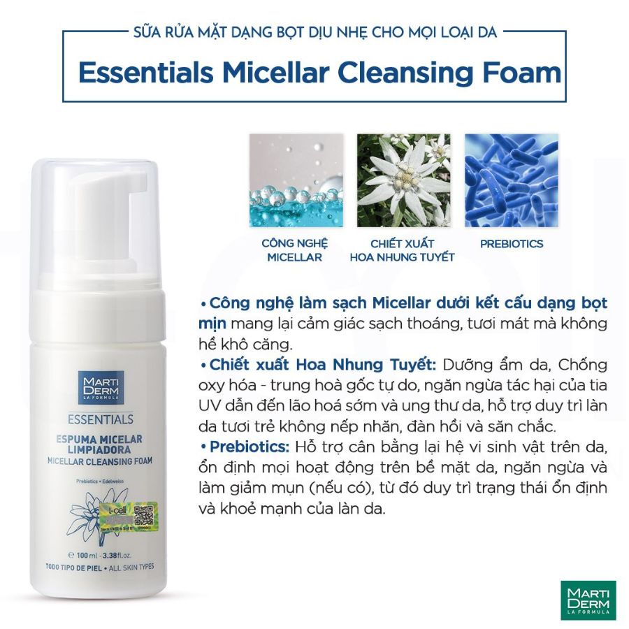 MARTIDERM ESSENTIALS MICELLAR CLEANSING FOAM / SỮA RỬA MẶT DẠNG BỌT DỊU NHẸ CHO MỌI LOẠI DA