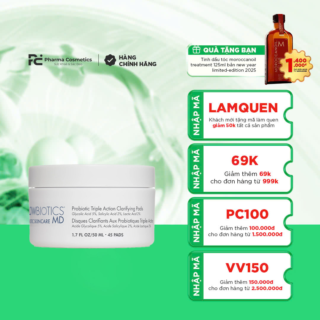 GLOWBIOTICS PROBIOTIC TRIPLE ACTION CLARIFYING PADS: Miếng Pad Sạch Sâu & Giảm Mụn, Cho Làn Da Sáng Khỏe