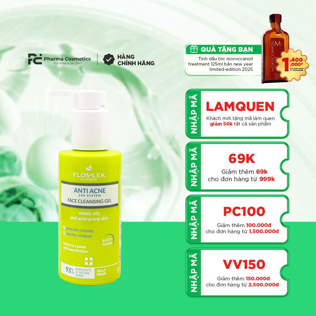 FLOSLEK ANTI ACNE 24H SYSTEM FACE CLEANSING GEL (125ml) - Gel Rửa Mặt Ngăn Ngừa Mụn, Sạch Sâu & Kiểm Soát Dầu Hiệu Quả ( DẠNG VÒI)