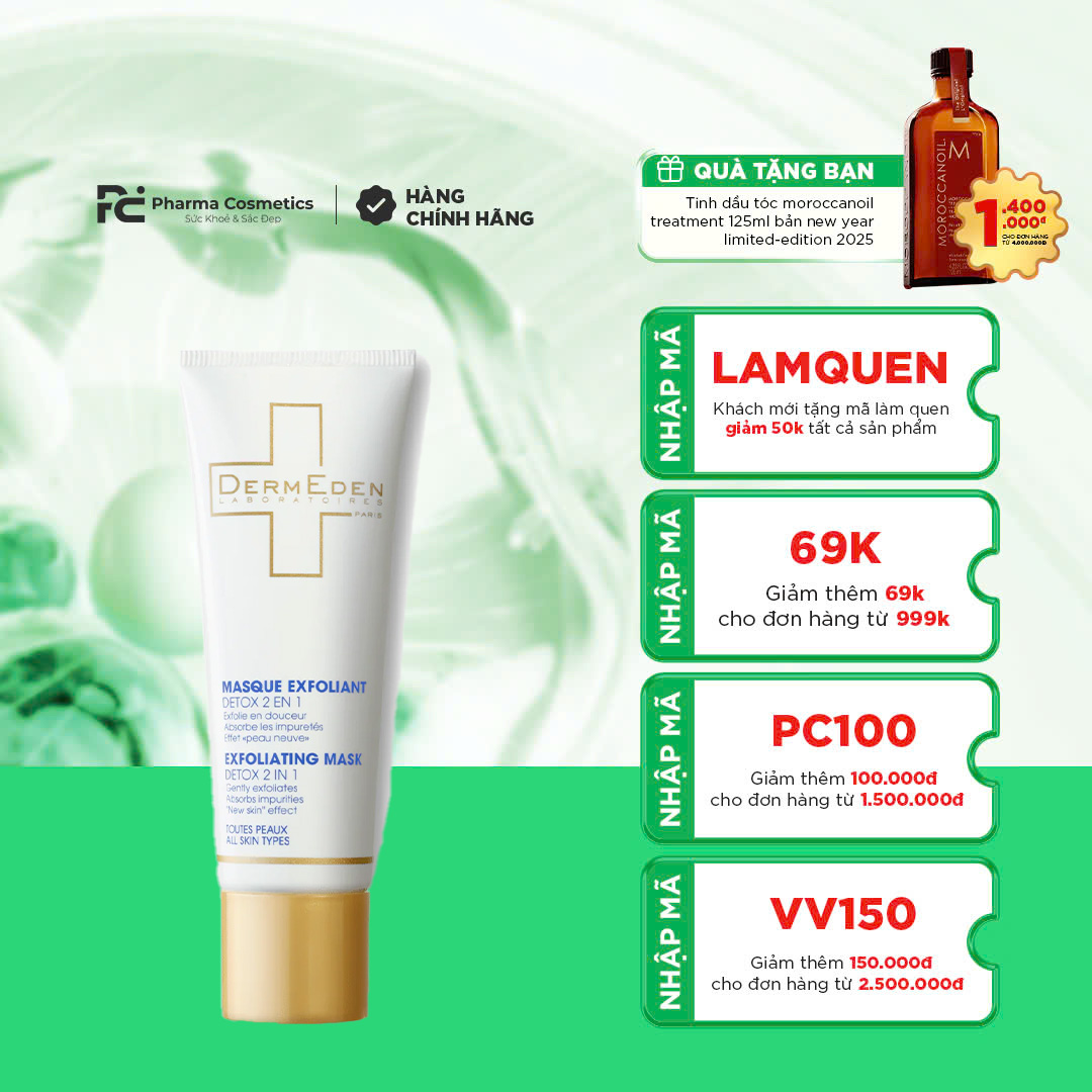 Dermeden EXFOLIATING MASK DETOX 2 IN 1: Mặt Nạ Đất Sét - Tẩy Tế Bào Chết & Thanh Lọc Da Toàn Diện