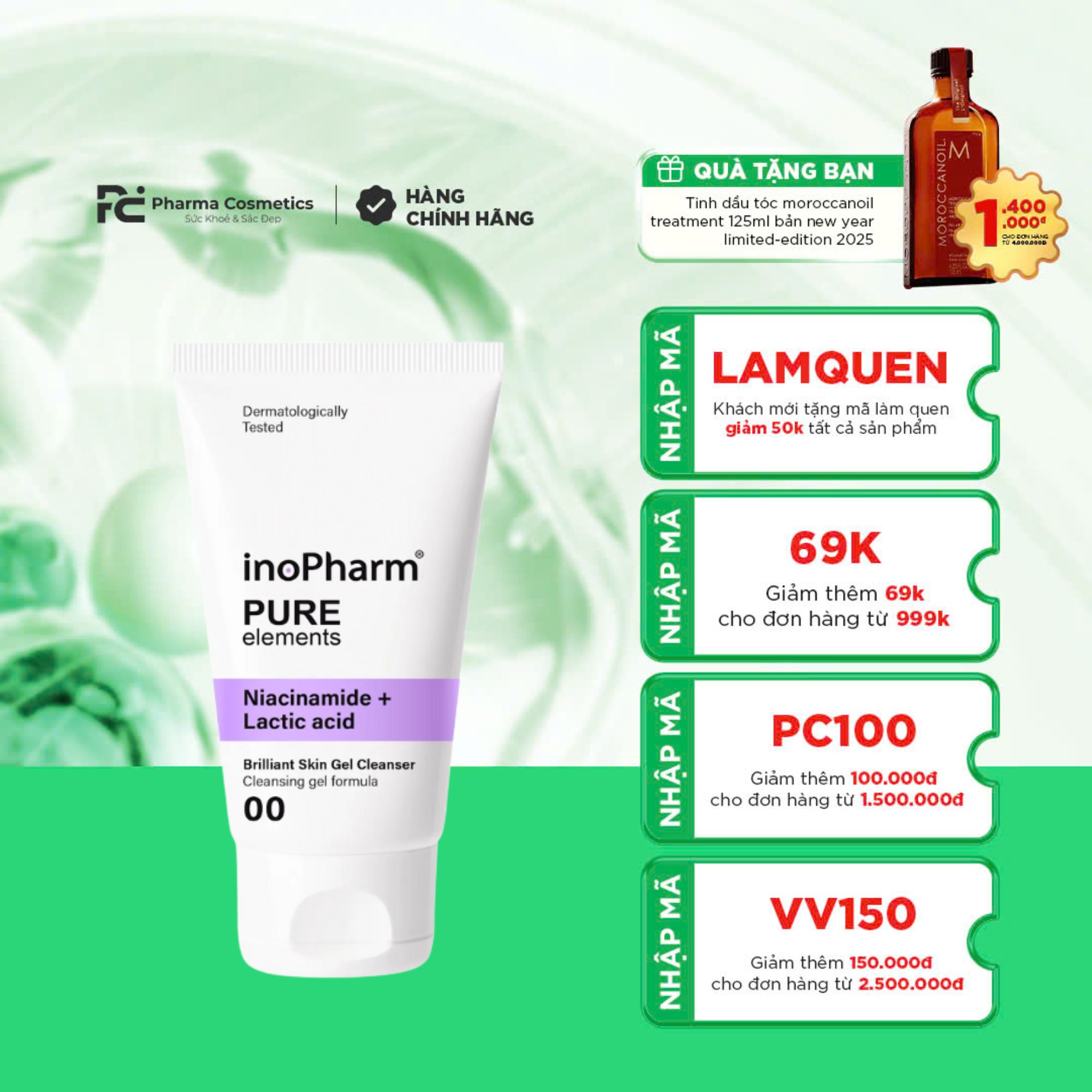 INOPHARM BRILLIANT SKIN GEL CLEANSER: Gel Rửa Mặt Dưỡng Ẩm & Sáng Da, Cho Làn Da Tươi Mới & Mịn Màng