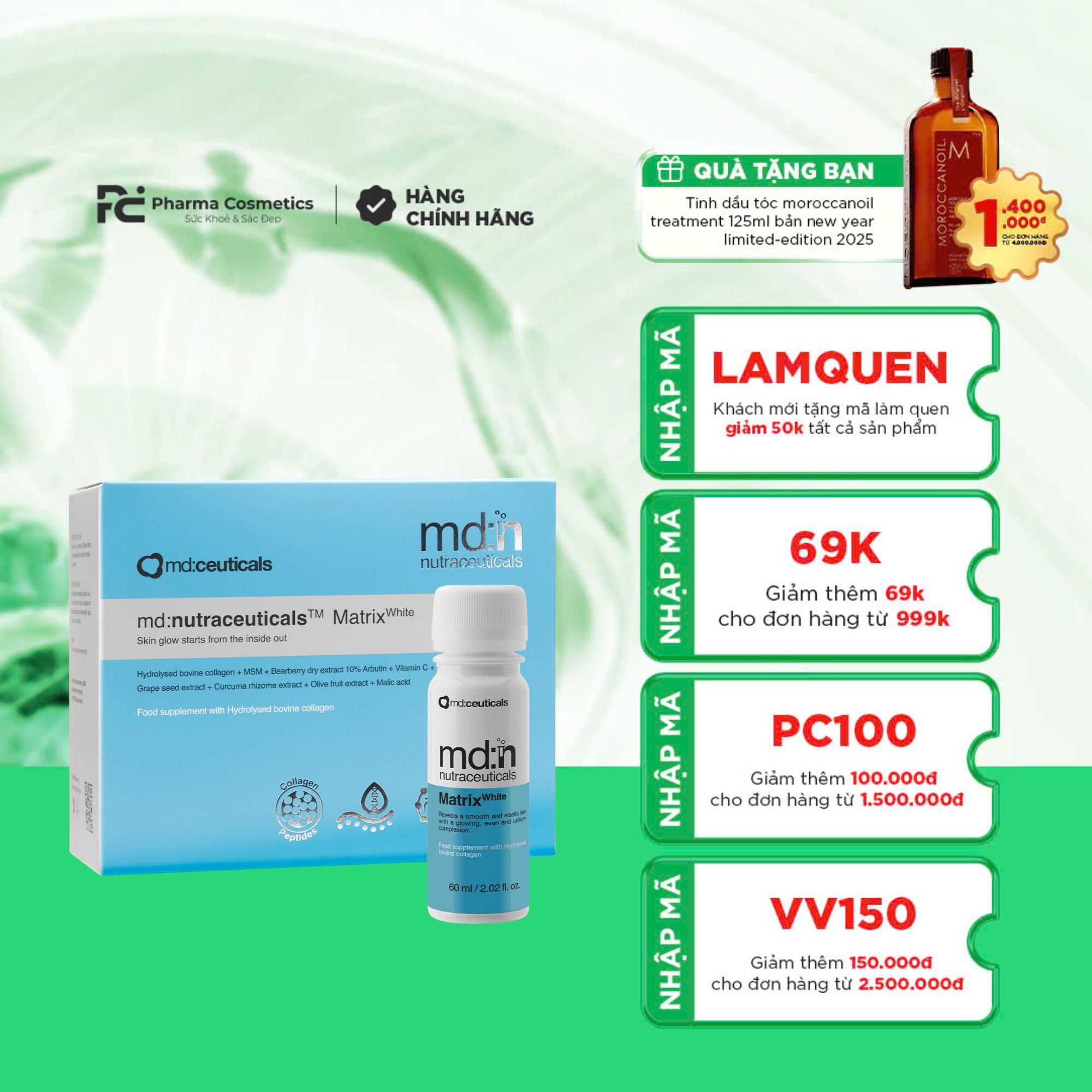 MD:NUTRACEUTICALS MATRIX WHITE: Nước Uống Trắng Da & Trẻ Hóa - Tái Tạo Collagen Từ Bên Trong