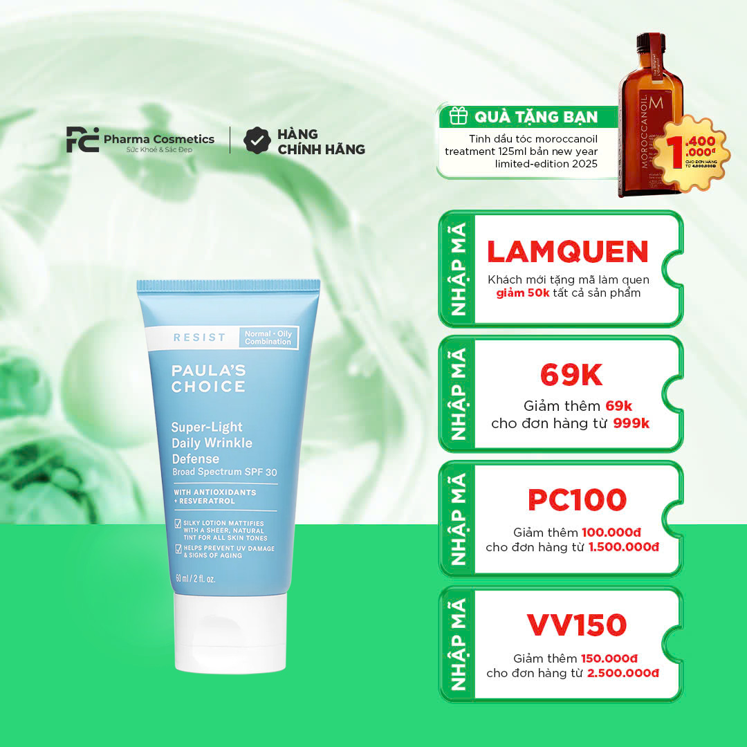 PAULA'S CHOICE RESIST SUPER-LIGHT DAILY WRINKLE DEFENSE SPF 30: Kem Dưỡng Chống Nắng Đa Năng Cho Da Dầu & Hỗn Hợp