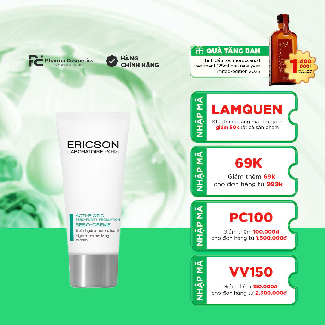 ERICSON ACTI-BIOTIC. SEBO-CREAM: Kem Dưỡng Giải Pháp Kiểm Soát Bã Nhờn & Hỗ Trợ Làn Da Mụn Hiệu Quả
