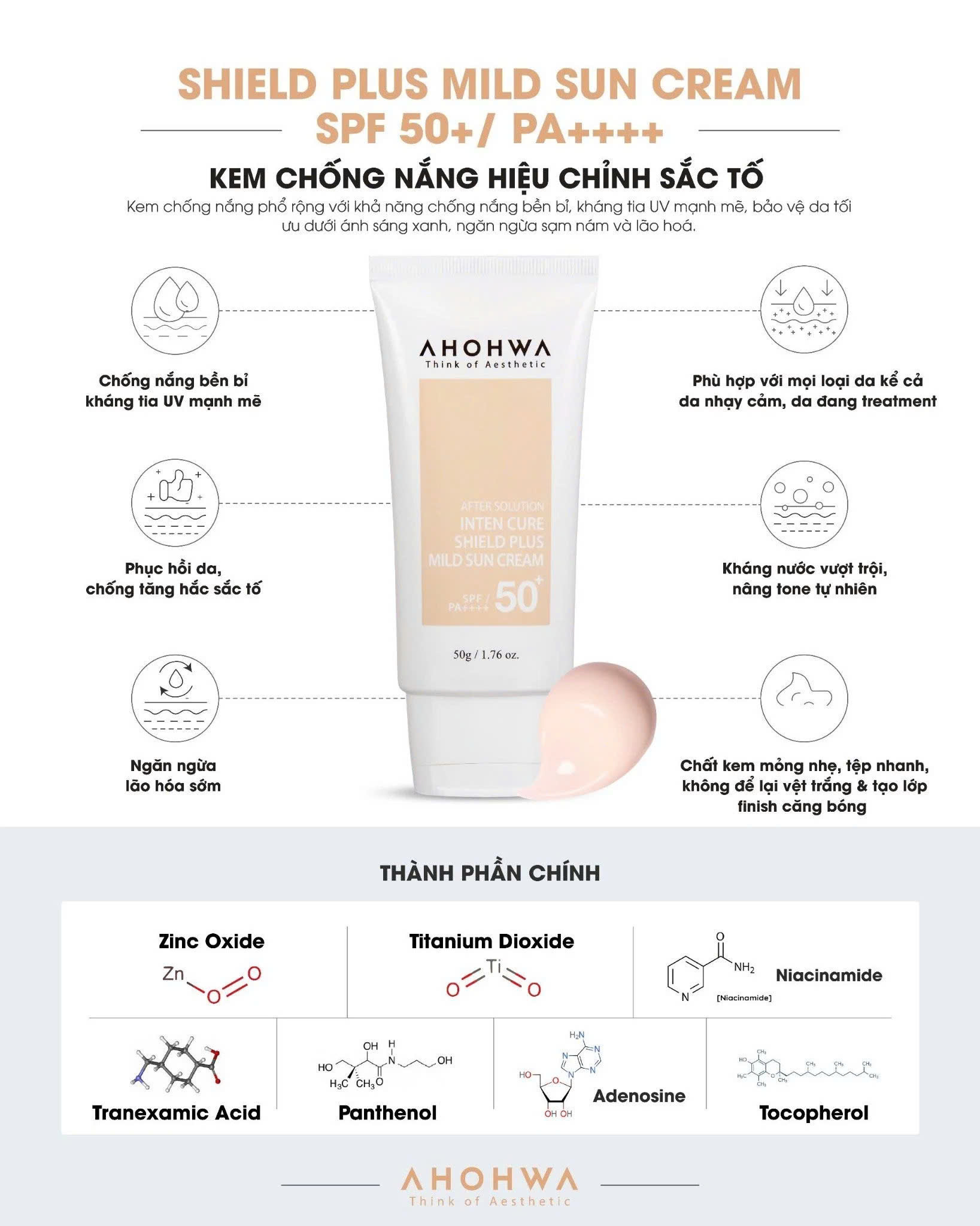 AHOHWA SPF 50+/PA++++ INTER CURE SHIELD PLUS MILD SUN CREAM / KEM CHỐNG NẮNG HIỆU CHỈNH SẮC TỐ - X5 BẢO VỆ 