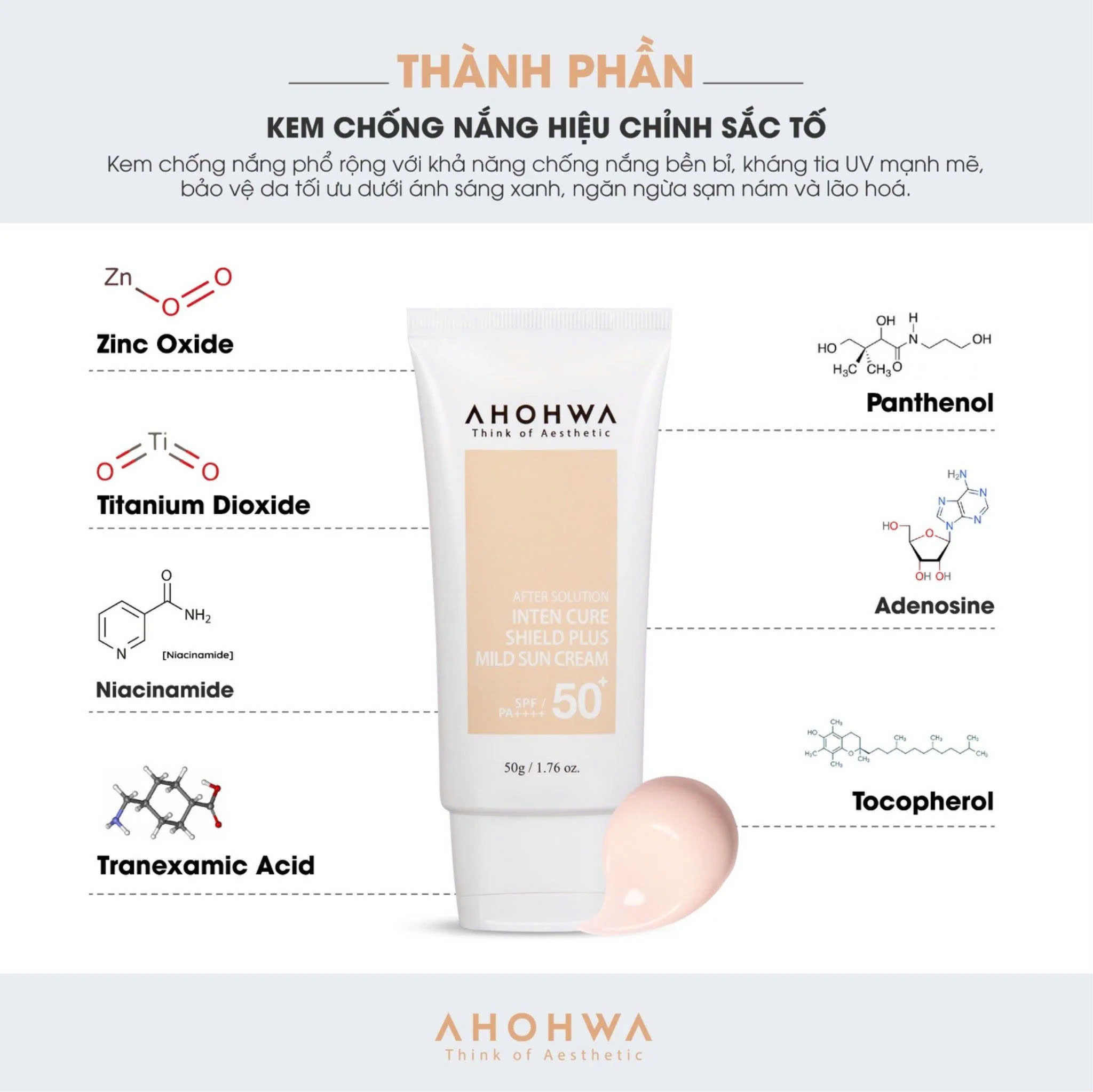 AHOHWA SPF 50+/PA++++ INTER CURE SHIELD PLUS MILD SUN CREAM / KEM CHỐNG NẮNG HIỆU CHỈNH SẮC TỐ - X5 BẢO VỆ 