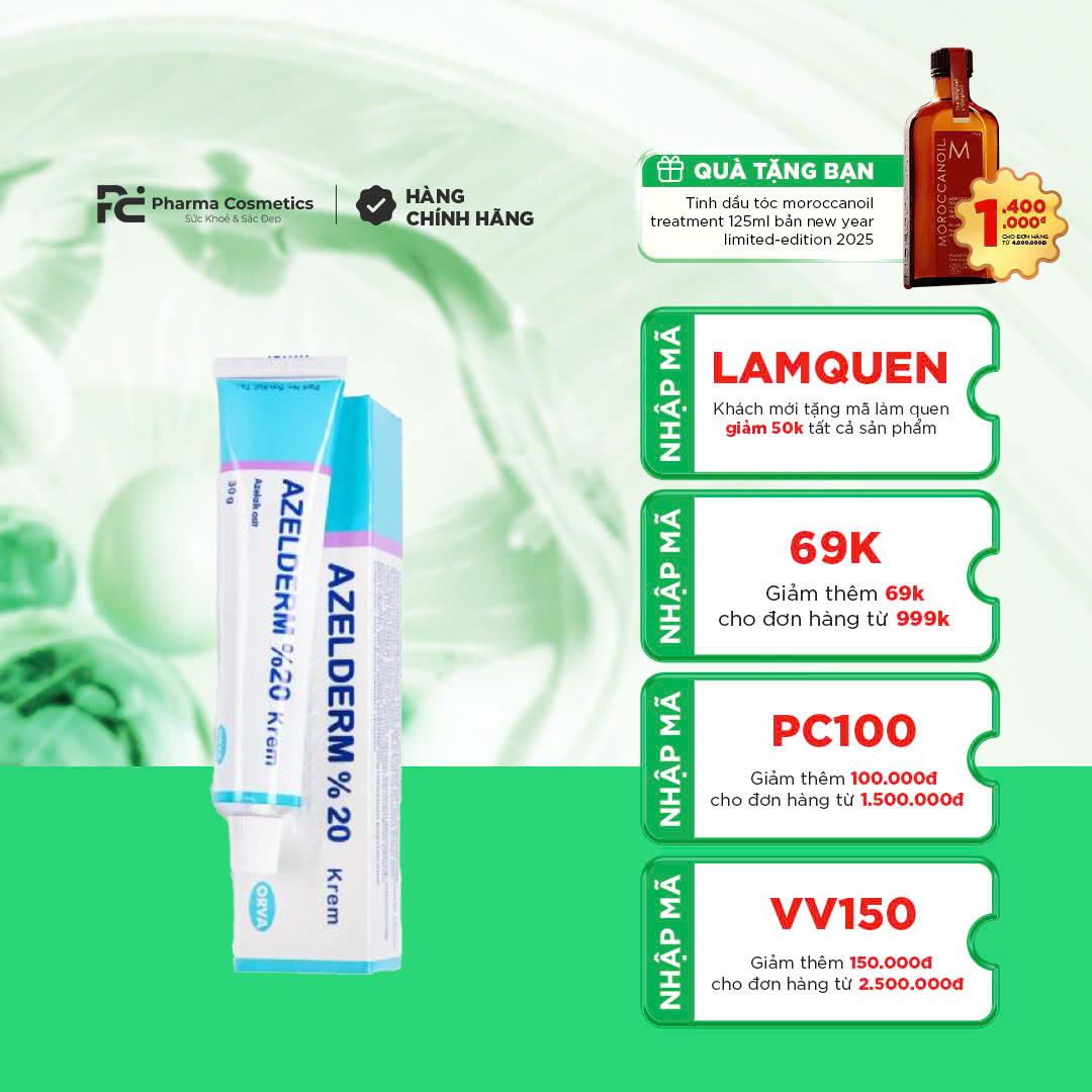 AZELDERM 20% KREM AZELAIC AICD 30g / KEM TRỊ MỤN, LÀM SÁNG VÀ ĐỀU MÀU DA