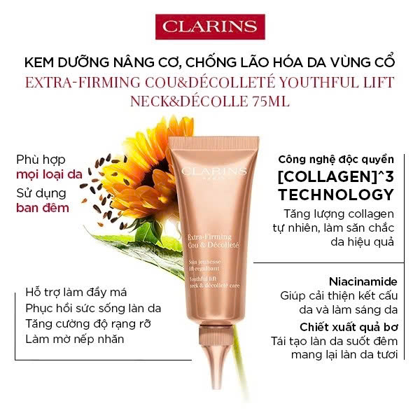 CLARINS EXTRA-FIRMING COU&DÉCOLLETÉ YOUTHFUL LIFT NECK&DÉCOLLE: Kem Dưỡng Nâng Cơ, Hỗ Trợ Chống Lão Hóa Vùng Cổ & Ngực