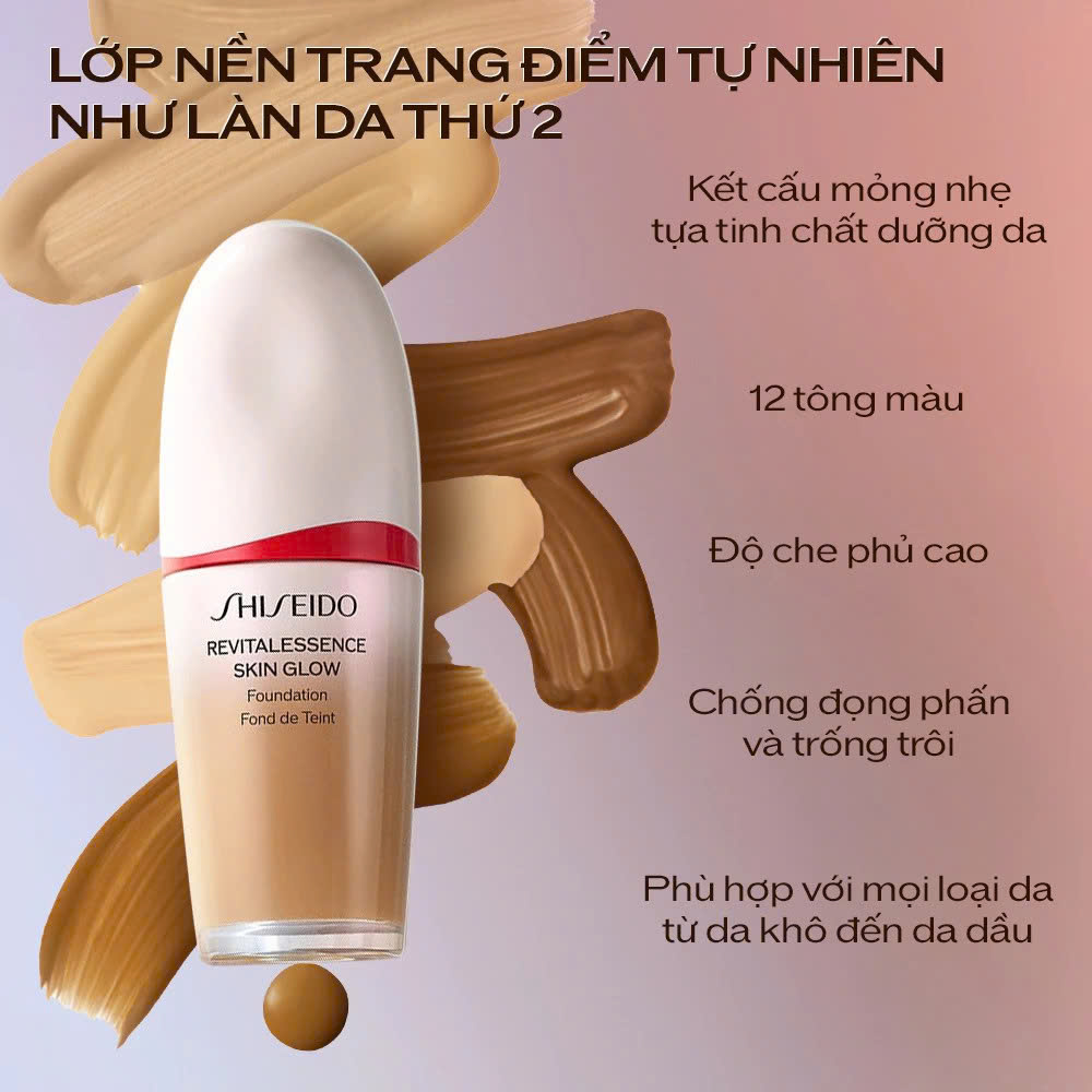 SHISEIDO REVITALESSENCE SKIN GLOW FOUNDATION: Kem Nền Dưỡng Da Căng Bóng, Cho Làn Da Sáng Khỏe Tự Nhiên