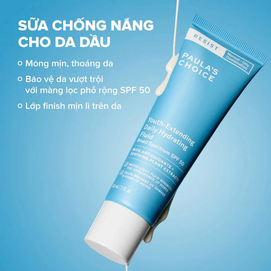 PAULA'S CHOICE RESIST YOUTH-EXTENDING DAILY HYDRATING FLUID SPF 50: Kem Chống Nắng Dạng Sữa, Dưỡng Ẩm & Chống Lão Hóa Toàn Diện