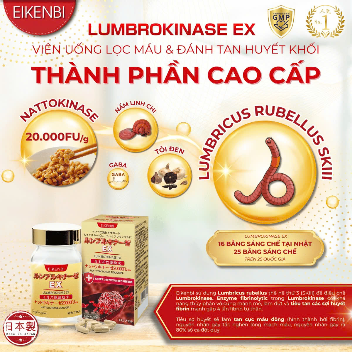 ( DATE 6/2026 ) EIKENBI LUMBROKINASE EX: Hỗ Trợ Tan Cục Máu Đông, Giúp Lưu Thông Máu & Ngăn Ngừa Đột Quỵ