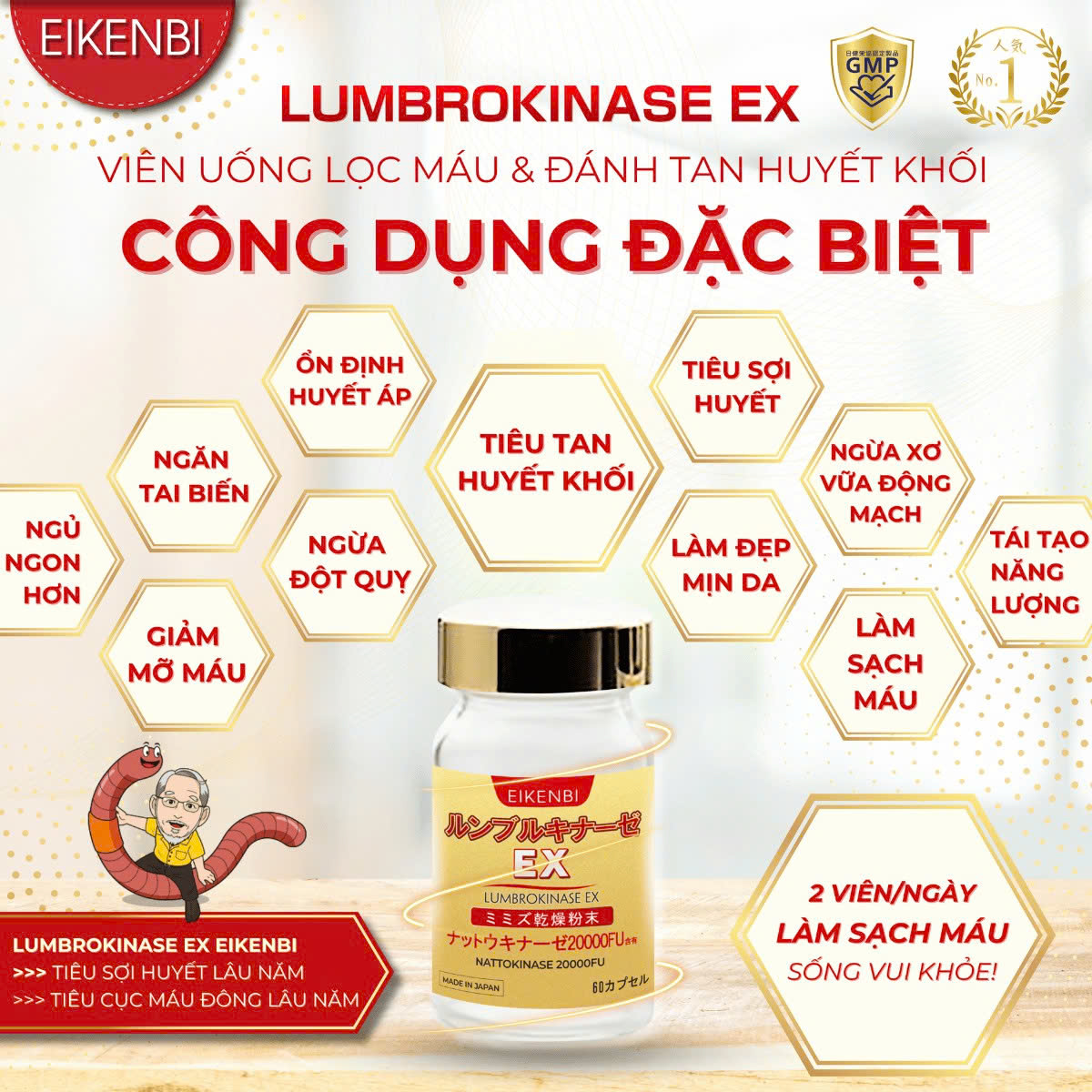 ( DATE 6/2026 ) EIKENBI LUMBROKINASE EX: Hỗ Trợ Tan Cục Máu Đông, Giúp Lưu Thông Máu & Ngăn Ngừa Đột Quỵ