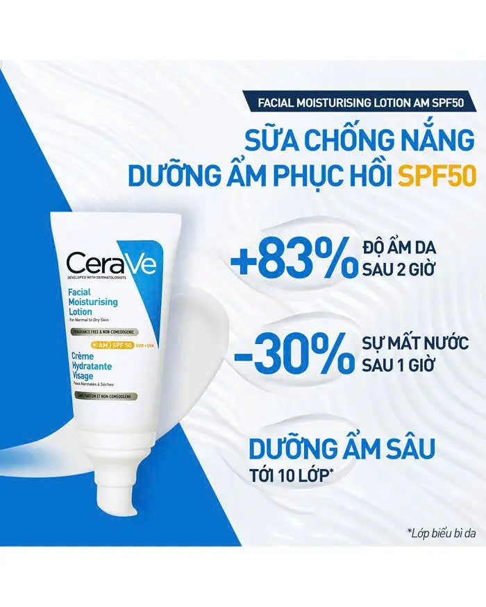CeraVe Facial Moisturizing Lotion AM SPF 50: Sữa Dưỡng Ẩm Chống Nắng Phục Hồi Dành Cho Da