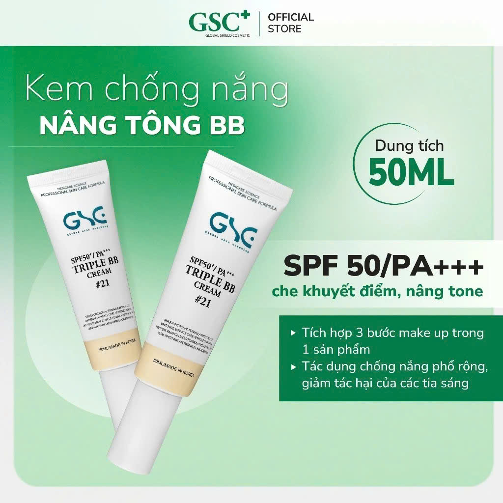 GSC TRIPLE BB CREAM SPF 50+/PA+++: Kem Chống Nắng Nâng Tone 3 trong 1 - Trang Điểm, Bảo Vệ & Dưỡng Da Hoàn Hảo