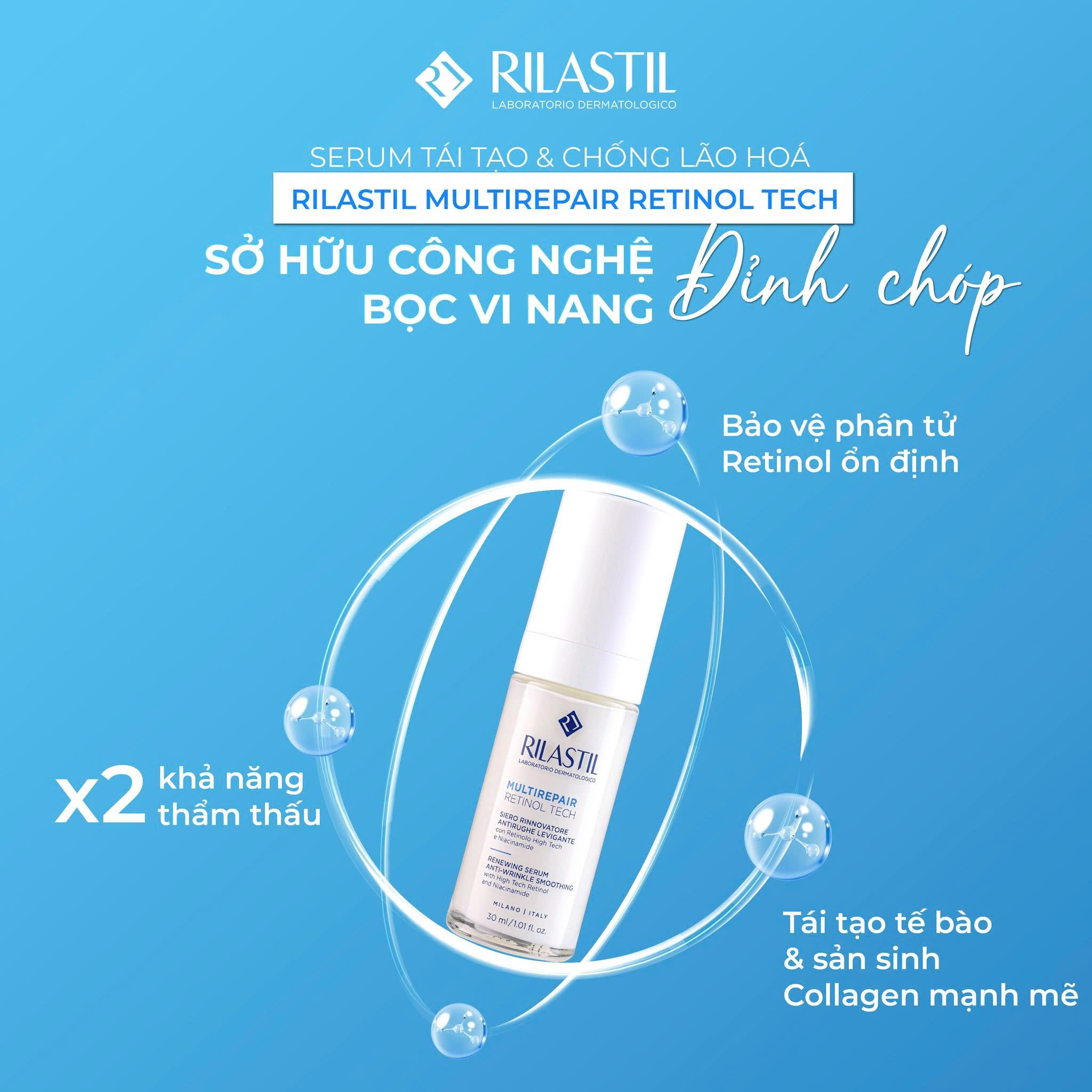 RILASTIL MULTIREPAIR RETINOL TECH: Tinh Chất Chống Lão Hóa Chuyên Sâu - Giảm Nhăn, Tái Tạo & Củng Cố Hàng Rào Da
