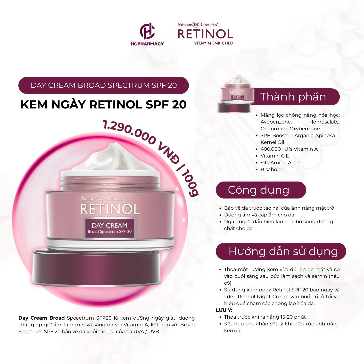 HCPHARMACY DAY CREAM BROAD SPECTRUM SPF 20 / KEM DƯỠNG NGÀY RETINOL SPF 20 