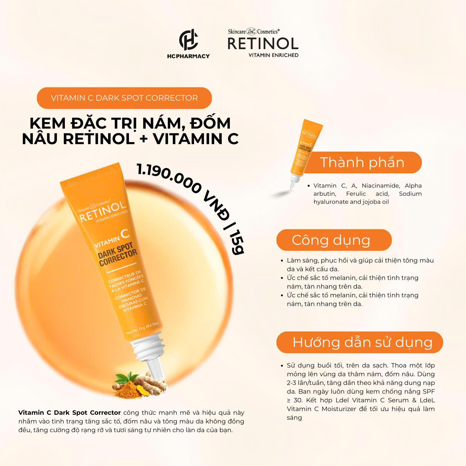 HCPHARMACY VITAMIN C DARK SPOT CORRECTOR / KEM ĐẶC TRỊ NÁM, ĐỐM NÂU RETINOL + VITAMIN C 