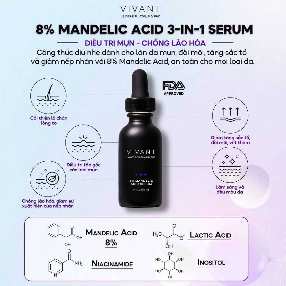 Vivant 8% Mandelic Acid Serum – Giải Pháp Tẩy Tế Bào Chết Dịu Nhẹ Cho Làn Da Sáng Mịn