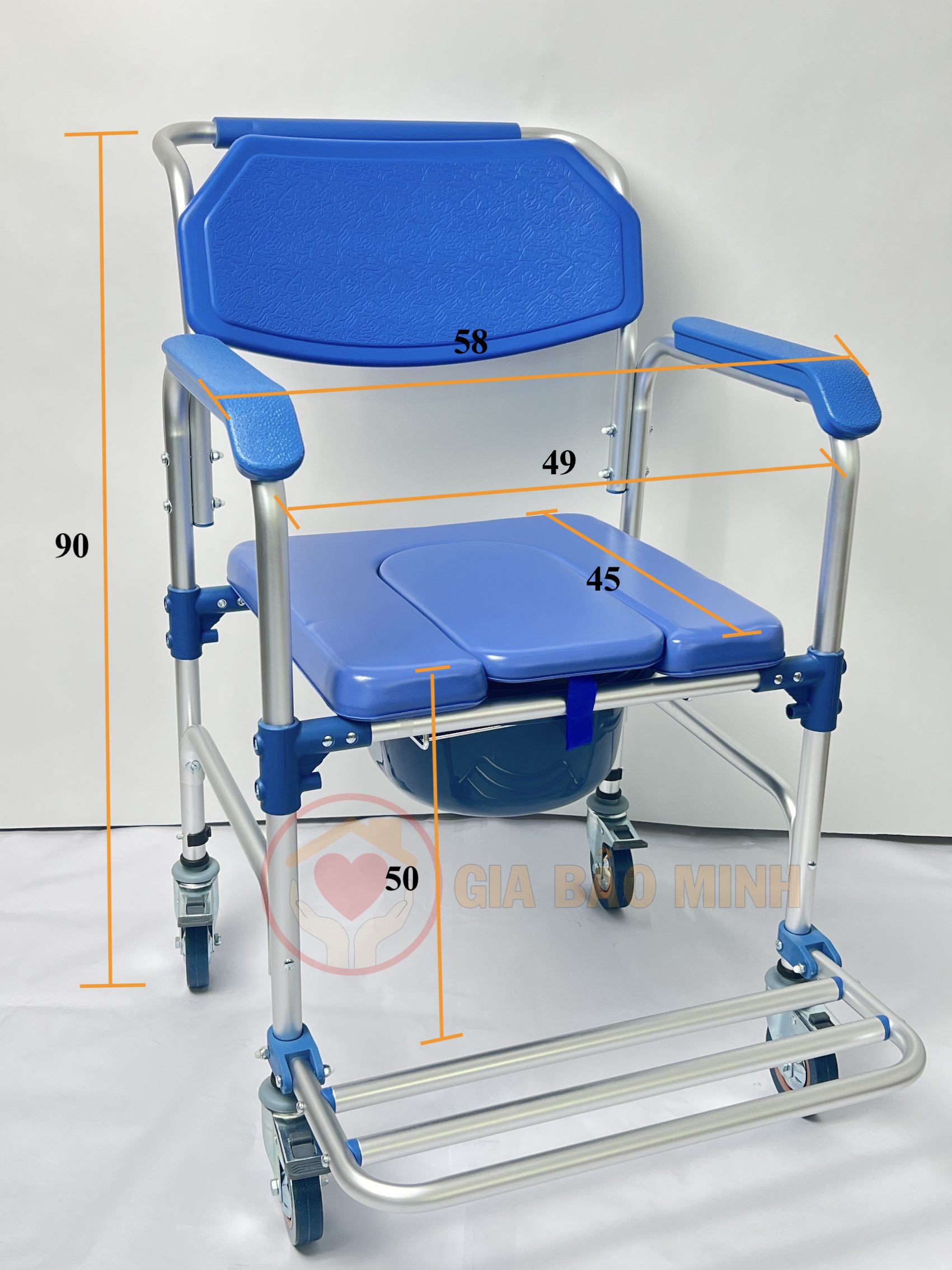 Ghế Bô Tắm Đa Năng Nhôm Siêu Nhẹ, Có Bánh Xe, Đệm Chống Nước, Gác Chân GBM-017