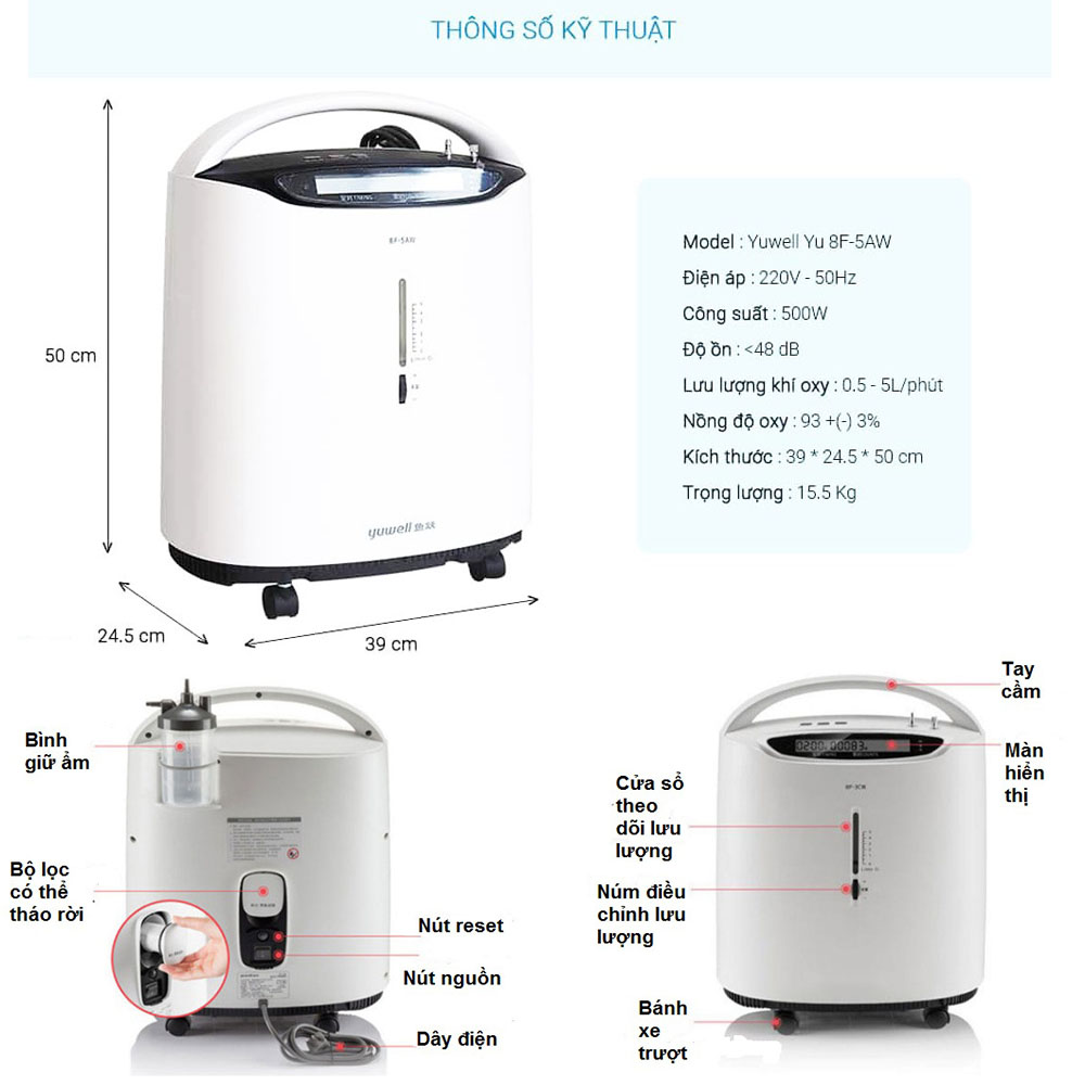 Máy Tạo Oxy Yuwell 8F-5AW (5 Lít, Có Xông, Có Remote)