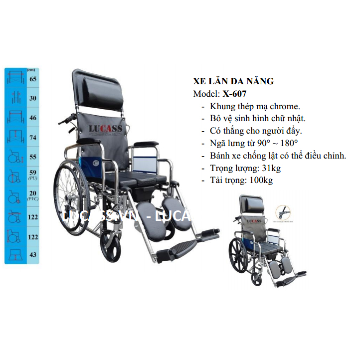 Xe Lăn Nằm Có Bô, Đệm Simili Lucass X-607 (X607)