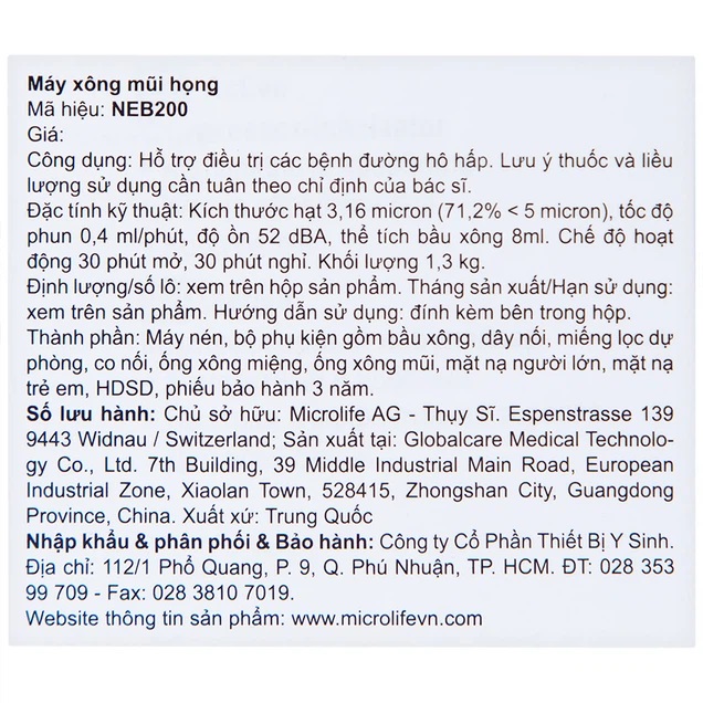 Máy Xông Khí Dung Mũi Họng MICROLIFE NEB200