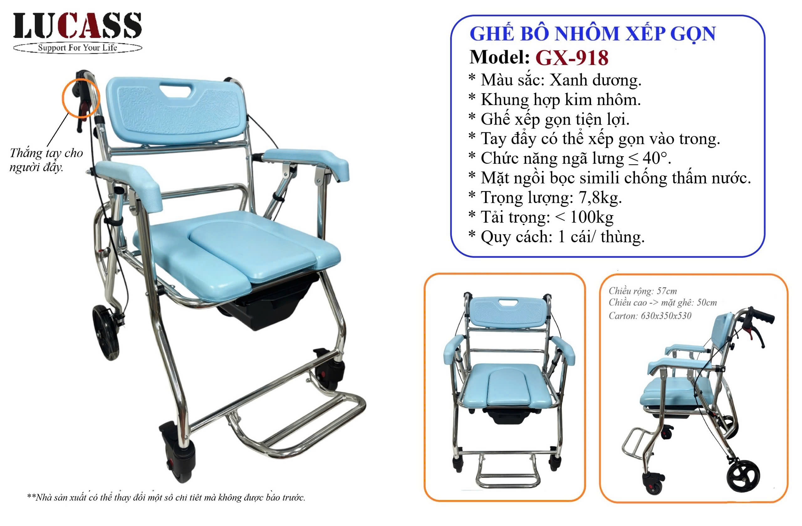 Ghế Bô Tắm Đa Năng Có Bánh Xe Nhôm Xếp Gọn Lucass GX-918