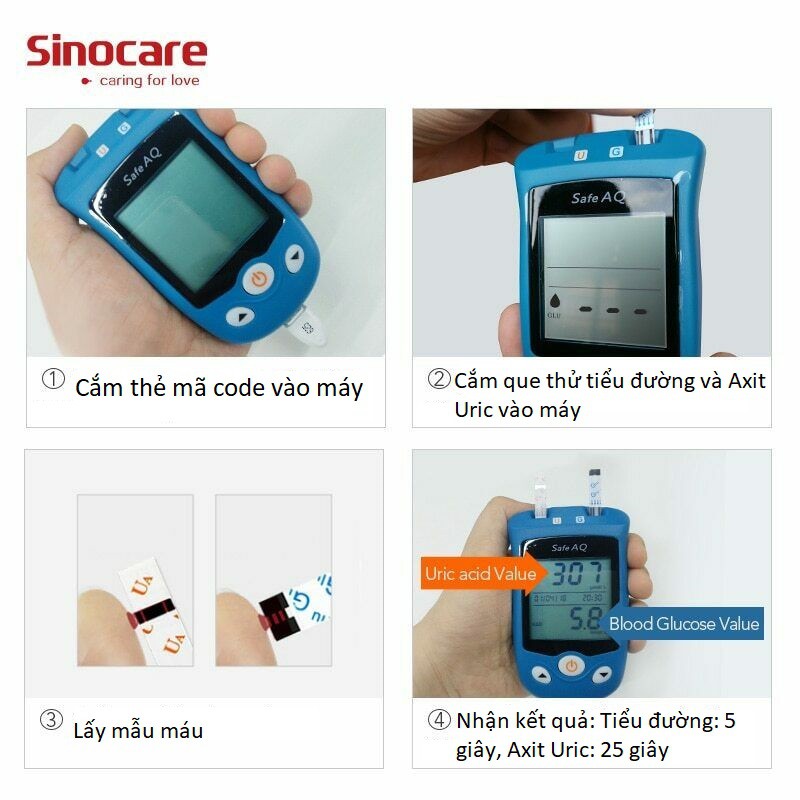 [TẶNG QUE, KIM, CỒN] Máy Đo Đường Huyết, Axit Uric Sinocare Safe AQ UG (MG) (50 Que Mỗi Loại, Kim, Cồn)