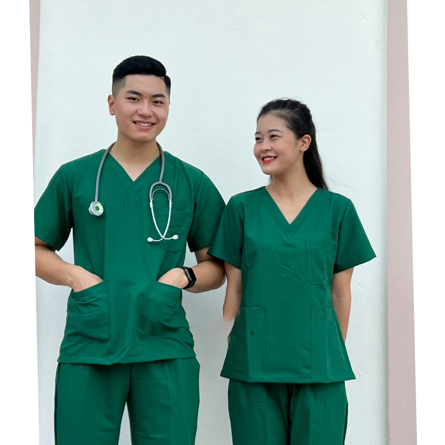 Bộ Đồng Phục Bệnh Viện, Thẩm Mỹ, Trang Phục Phòng Mổ, Scrubs Xanh Lá, Cổ Tim
