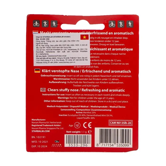 Ống Hít Thông Mũi Starbalm Sport Inhaler 1.1 gram (Hà Lan)