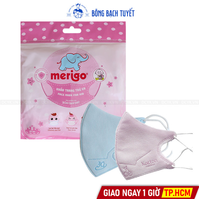 Khẩu Trang 3D Trẻ Em MERIGO Bông Bạch Tuyết (Bịch 8 Cái)