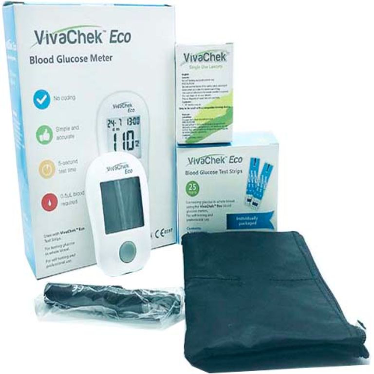 [TẶNG QUE, KIM, CỒN] Máy Đo Đường Huyết Vivachek ECO (Mg/dl) (25 Que + 50 Kim, Cồn)