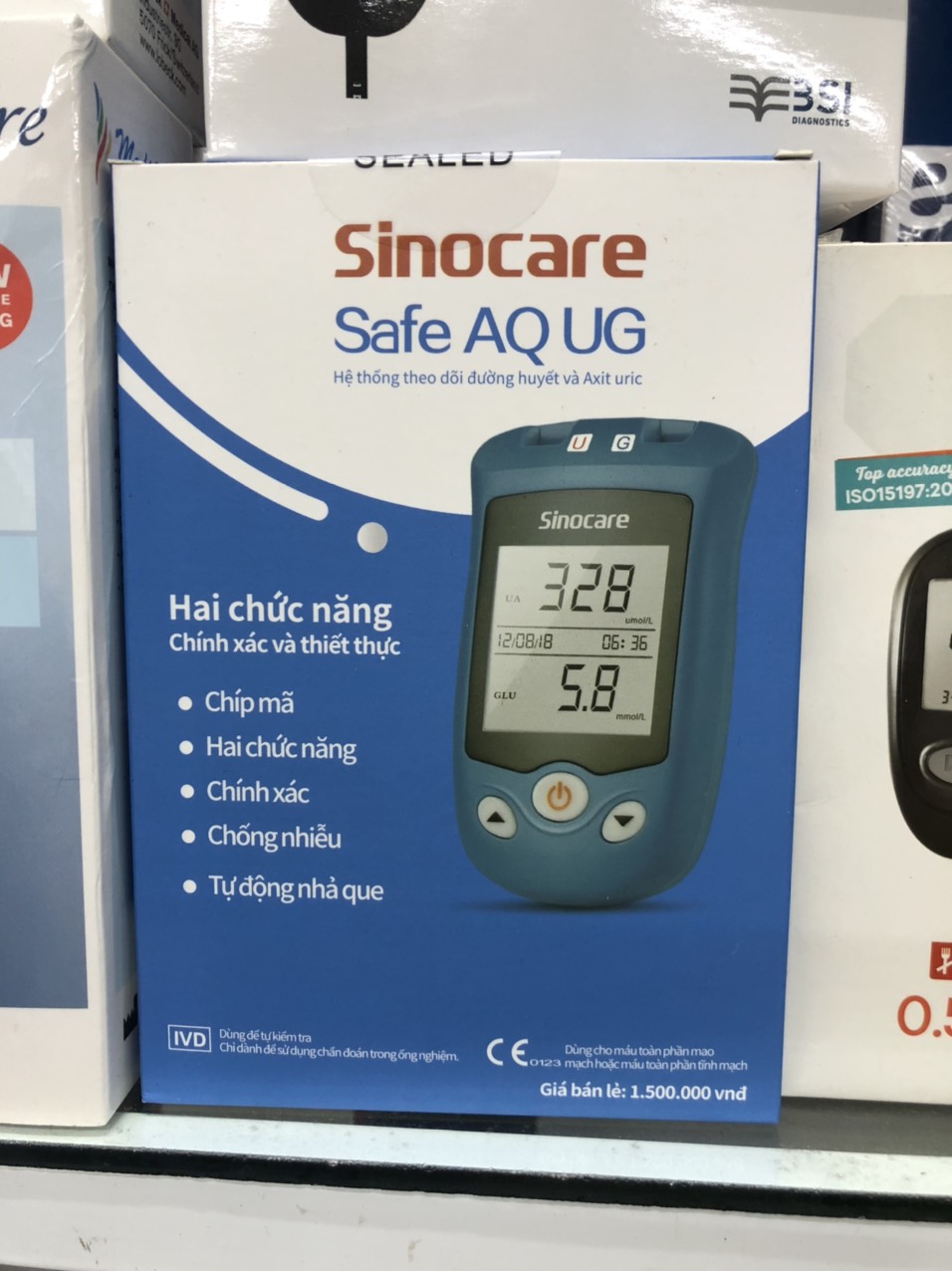 [TẶNG QUE, KIM, CỒN] Máy Đo Đường Huyết, Axit Uric Sinocare Safe AQ UG (MG) (50 Que Mỗi Loại, Kim, Cồn)