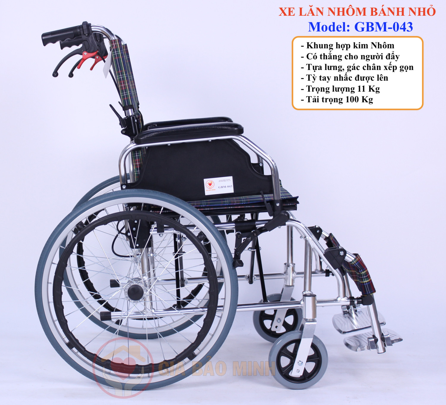 Xe Lăn Tay Du Lịch Khung Nhôm Siêu Nhẹ, Vải Ca-rô GBM-043