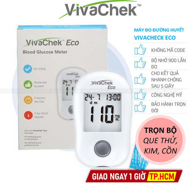 [TẶNG QUE, KIM, CỒN] Máy Đo Đường Huyết Vivachek ECO (Mg/dl) (25 Que + 50 Kim, Cồn)