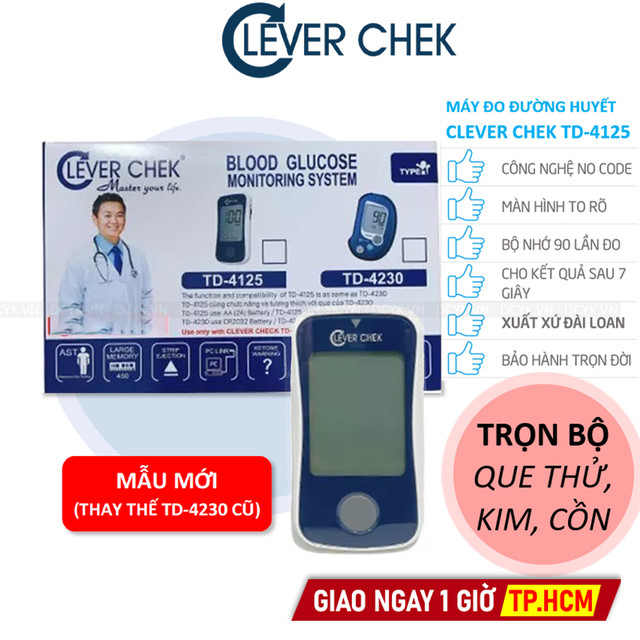 [TẶNG QUE, KIM, CỒN] Máy Đo Đường Huyết Clever Chek TD-4125 (MG) (25 Que, Kim, Cồn)