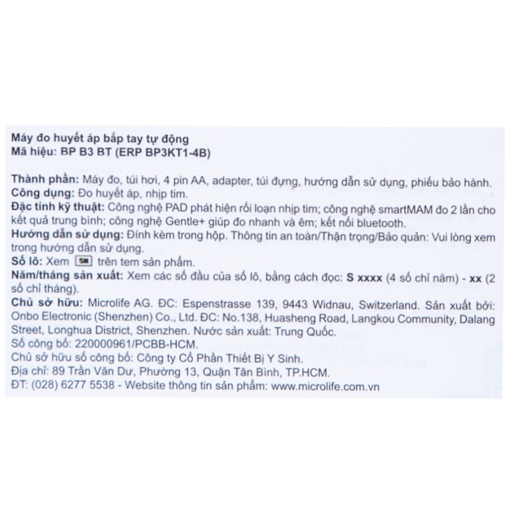 Máy Đo Huyết Áp Bắp Tay Microlife B3 Bluetooth (BT)