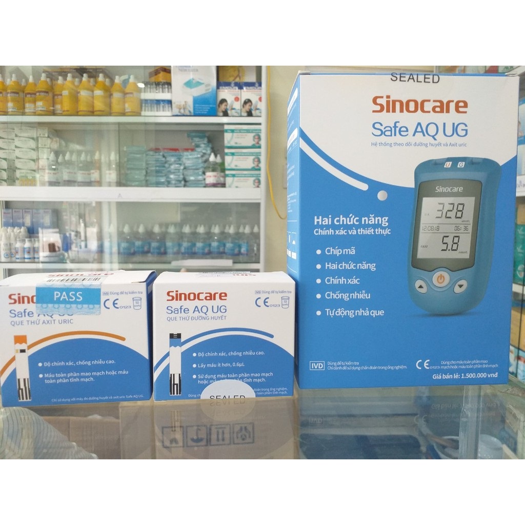 [TẶNG QUE, KIM, CỒN] Máy Đo Đường Huyết, Axit Uric Sinocare Safe AQ UG (MG) (50 Que Mỗi Loại, Kim, Cồn)