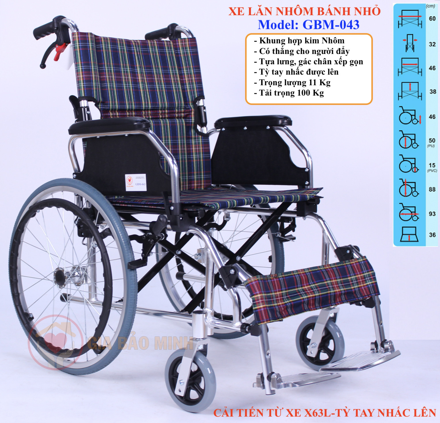 Xe Lăn Tay Du Lịch Khung Nhôm Siêu Nhẹ, Vải Ca-rô GBM-043