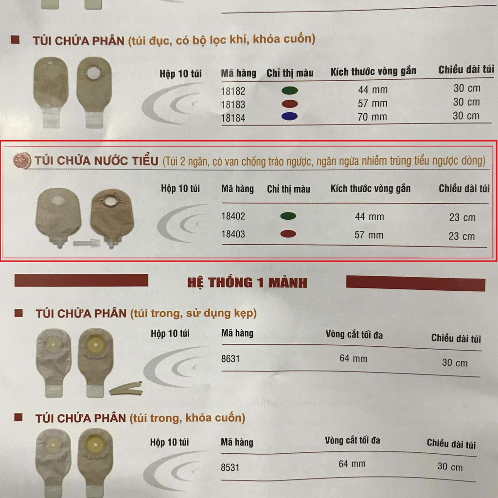 Túi Nước Tiểu Hậu Môn Nhân Tạo 2 Mảnh Hollister 18402 18403 (Van Chống Trào Ngược)