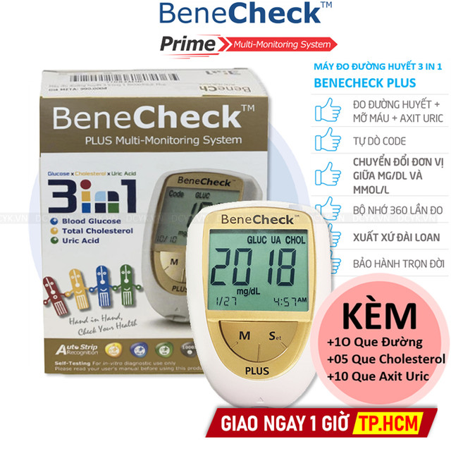Máy Đo Đường Huyết 3 Trong 1 (Đường, Acid Uric, Mỡ Máu) Benecheck Plus