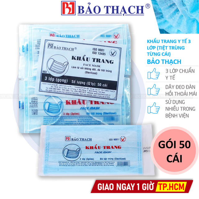 Khẩu Trang Y Tế Bảo Thạch Tiệt Trùng (3 Lớp - Bịch 50 Cái)