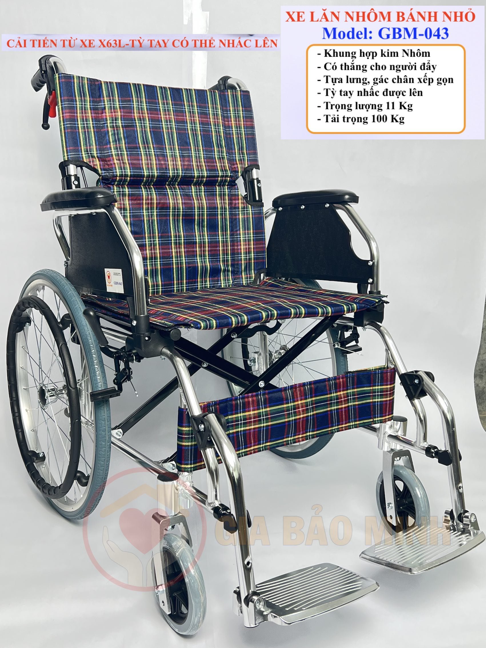 Xe Lăn Tay Du Lịch Khung Nhôm Siêu Nhẹ, Vải Ca-rô GBM-043