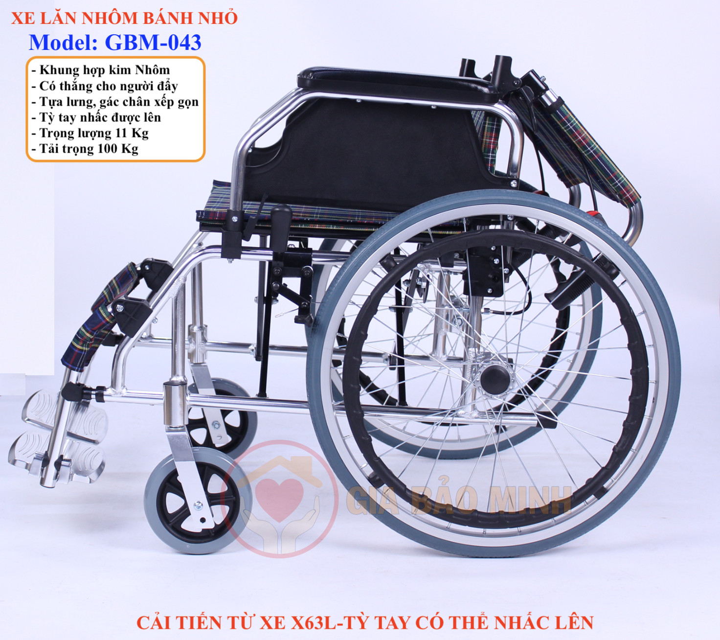 Xe Lăn Tay Du Lịch Khung Nhôm Siêu Nhẹ, Vải Ca-rô GBM-043