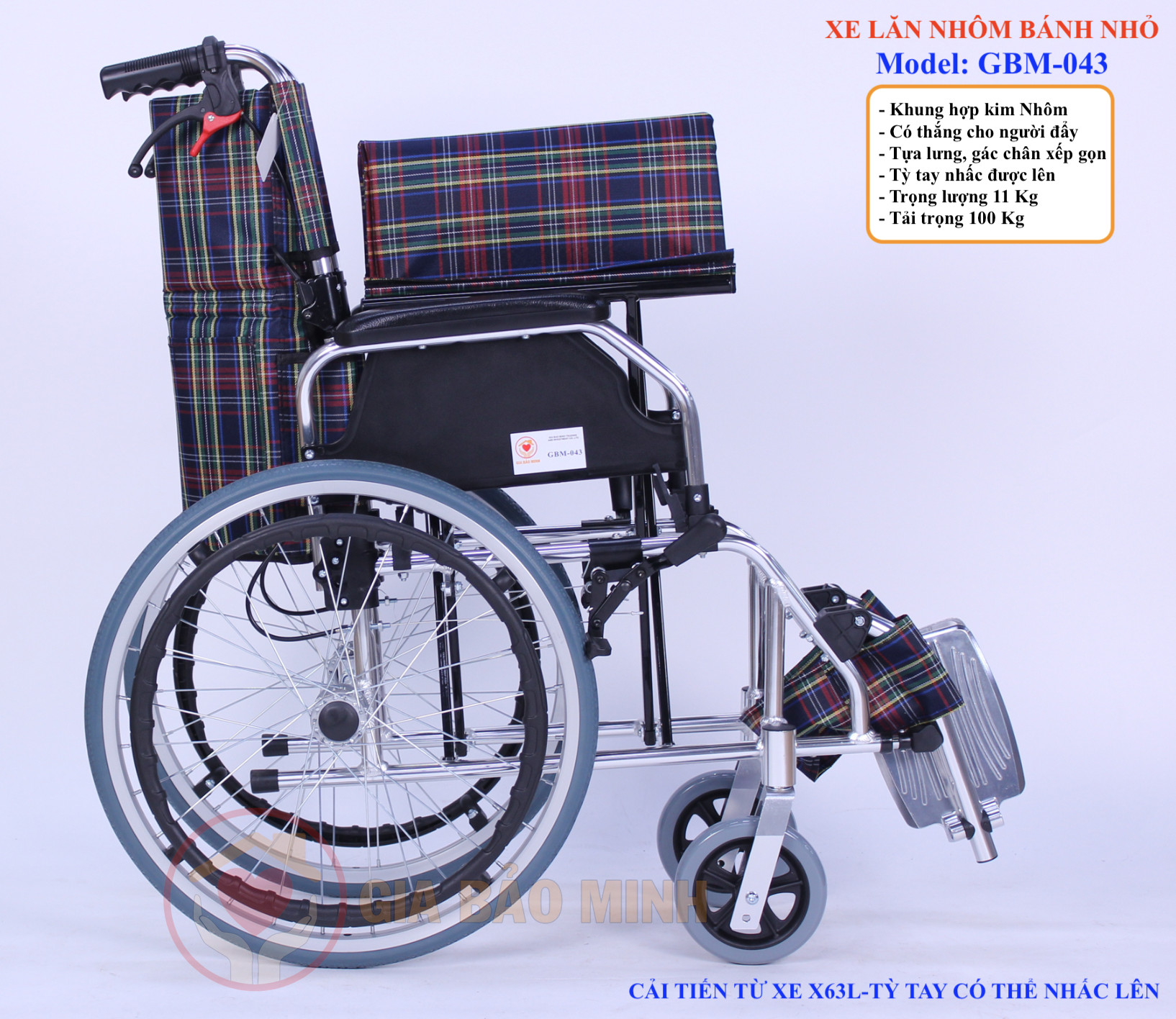 Xe Lăn Tay Du Lịch Khung Nhôm Siêu Nhẹ, Vải Ca-rô GBM-043