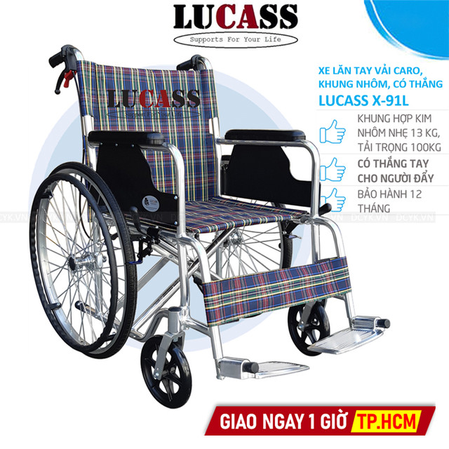 Xe Lăn Tay Vải Ca-rô, Khung Nhôm, Có Thắng Lucass X-91L (X91L)